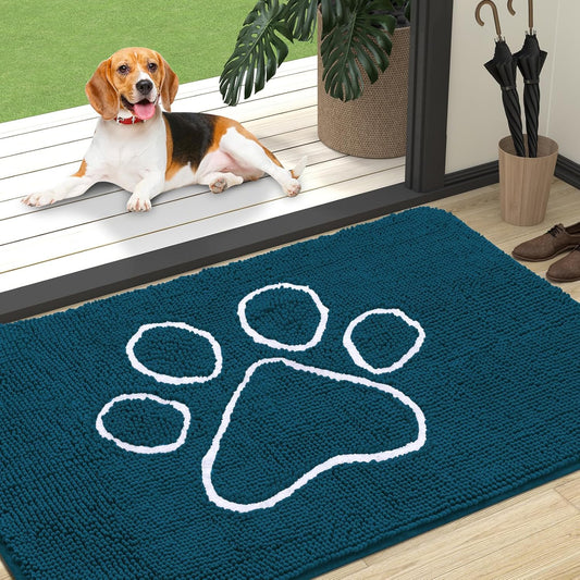 OLANLY Dog Door Mat - Absorbent Non-Slip Mud Mat for Muddy Paws | 47x32, Paw Print Design, Quick Dry Atlantic Blue