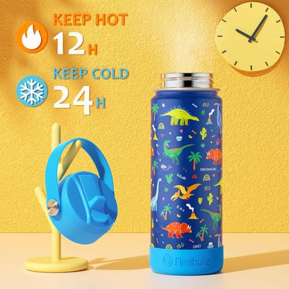 Fimibuke Kids Insulated Water Bottle - 18oz BPA-Free Stainless Steel Tumbler | Leak-Proof White Dinosaur Design