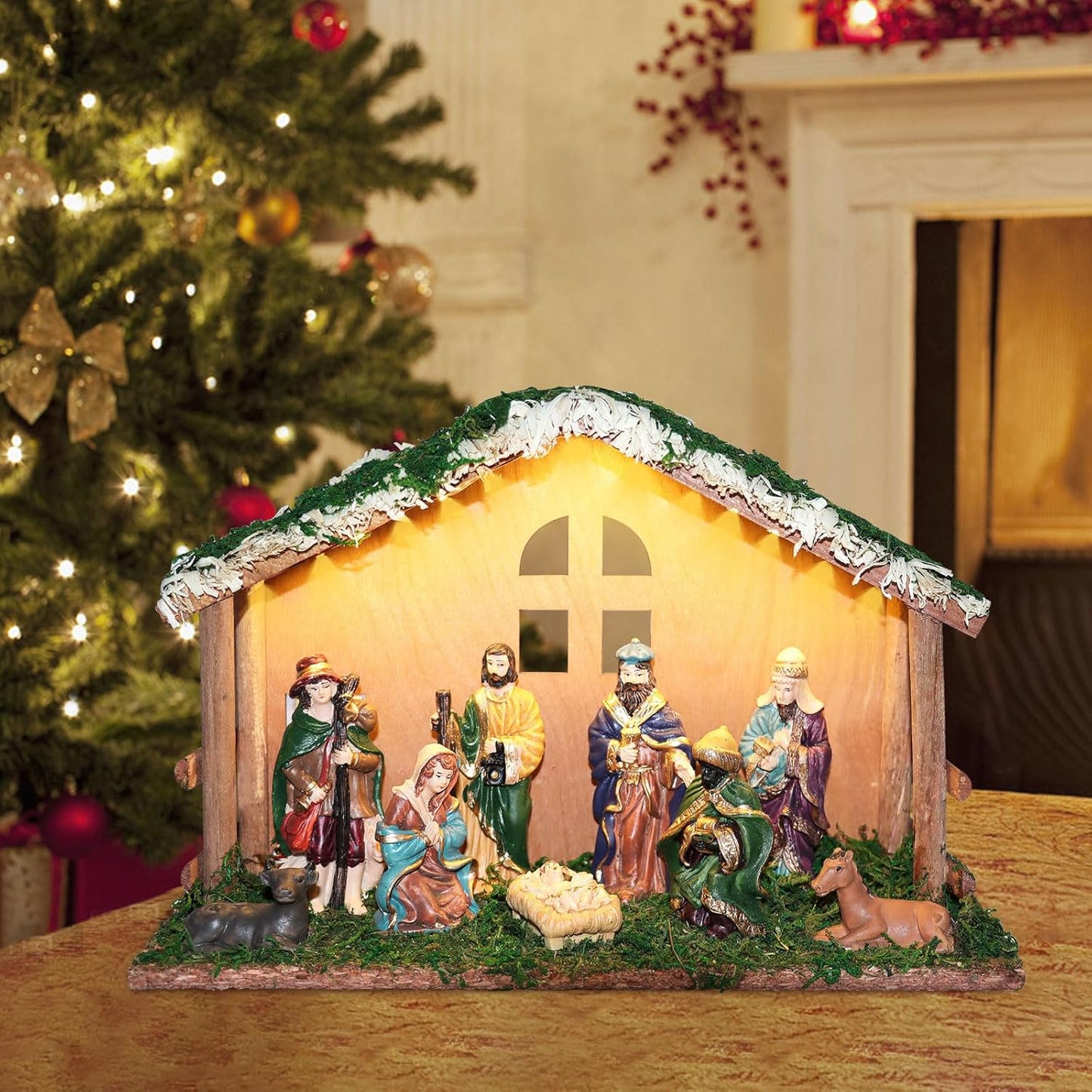 Regine Switzerland Lighted Christmas Nativity Set - Indoor Wooden Stable & Figures for Festive Tabletop Decor