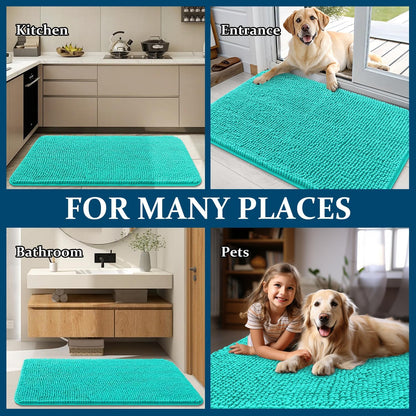 OLANLY Dog Door Mat - Absorbent Non-Slip Chenille Mat for Muddy Paws | 30x17 Inches, Teal