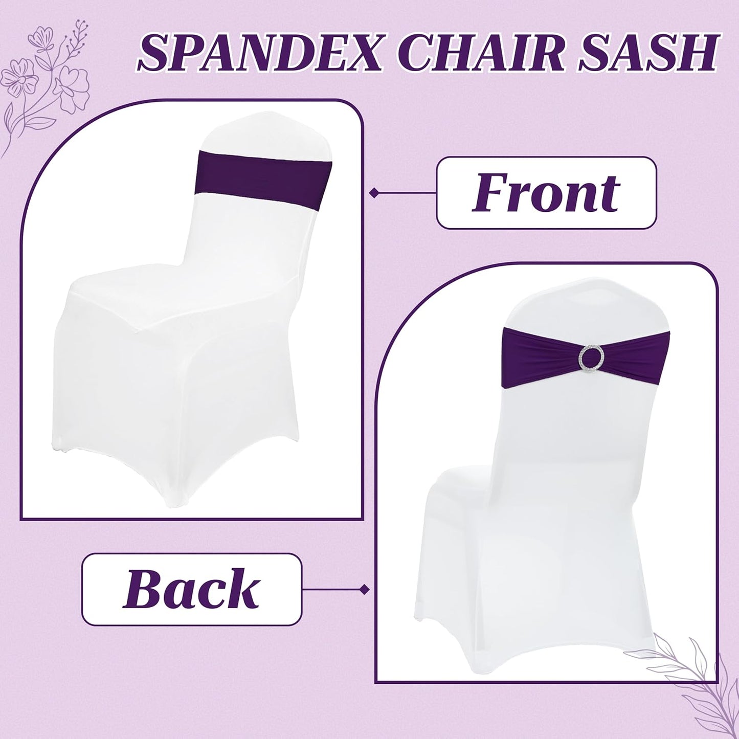 MDS Spandex Chair Sashes - Universal Fit Elastic Stretch Ties with Buckle Slider Bow | 150 Pack - Purple
