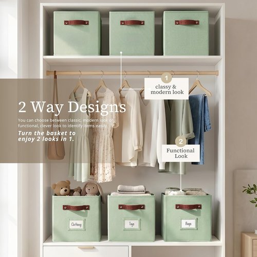 DECOMOMO Storage Bins - Fabric Cube Storage Bins with Labels | 10.5" x 11" | Set of 6, Sage Green
