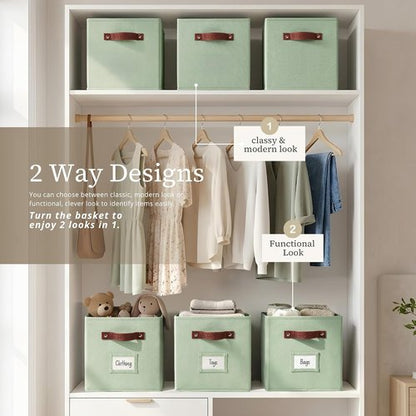 DECOMOMO Storage Bins - Fabric Cube Storage Bins with Labels | 10.5" x 11" | Set of 6, Sage Green