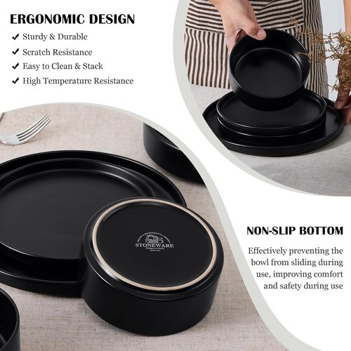 E-far Stoneware Dinnerware Set - 12-Piece Modern Plates & Bowls for 4 | Chip & Scratch Resistant, Matte Black