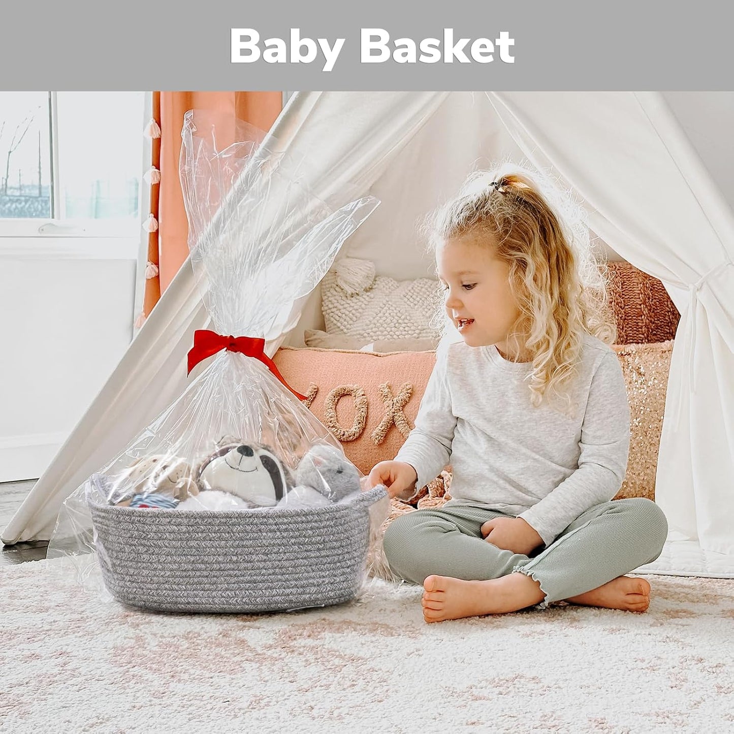 CHICVITA Decorative Gift Basket - Easter Basket for Kids | Woven Rope Toy Organizer, Grey, 13 x 9.8 x 5 Inches