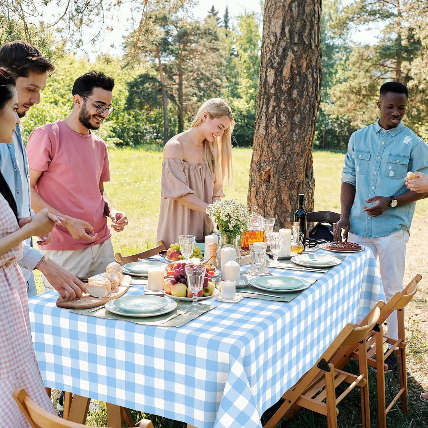 Skiennix Blue Gingham Tablecloth - Disposable Light Blue Checkered Design | Perfect for Outdoor Events (54 x 108 Inch)