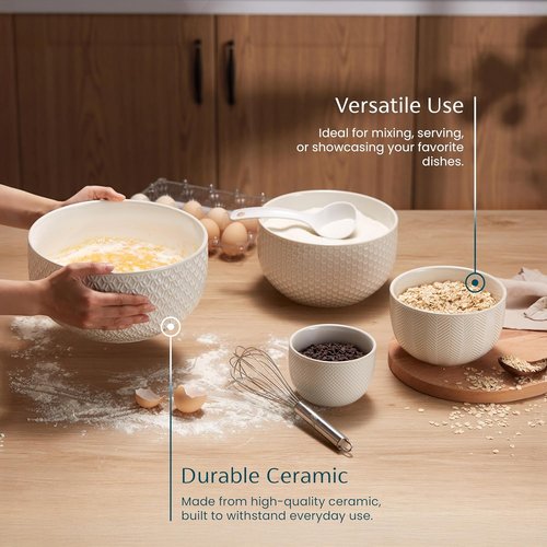 KooK Ceramic Mixing Bowls - Nesting Set of 4 | Embossed Kitchen Dishware, Microwave & Dishwasher Safe, Ivory