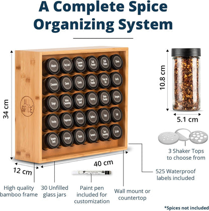 AllSpice Spice Rack Organizer - Bamboo Wood with 525 Unique Labels & 30 4oz Jars | Countertop or Wall Mount