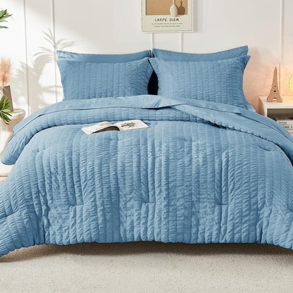 HYMOKEGE Mineral Blue California King Comforter Set Seersucker 7 Pieces, All Season Luxury Bed in a Bag for Bedroom, Bedding Set with Comforter, Sheets, Pillowcases & Shams