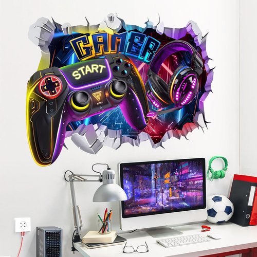 Decalmile Large 3D Gamer Controller Wall Decals - Video Gaming Joystick Stickers for Teen Bedrooms | Playroom Decor