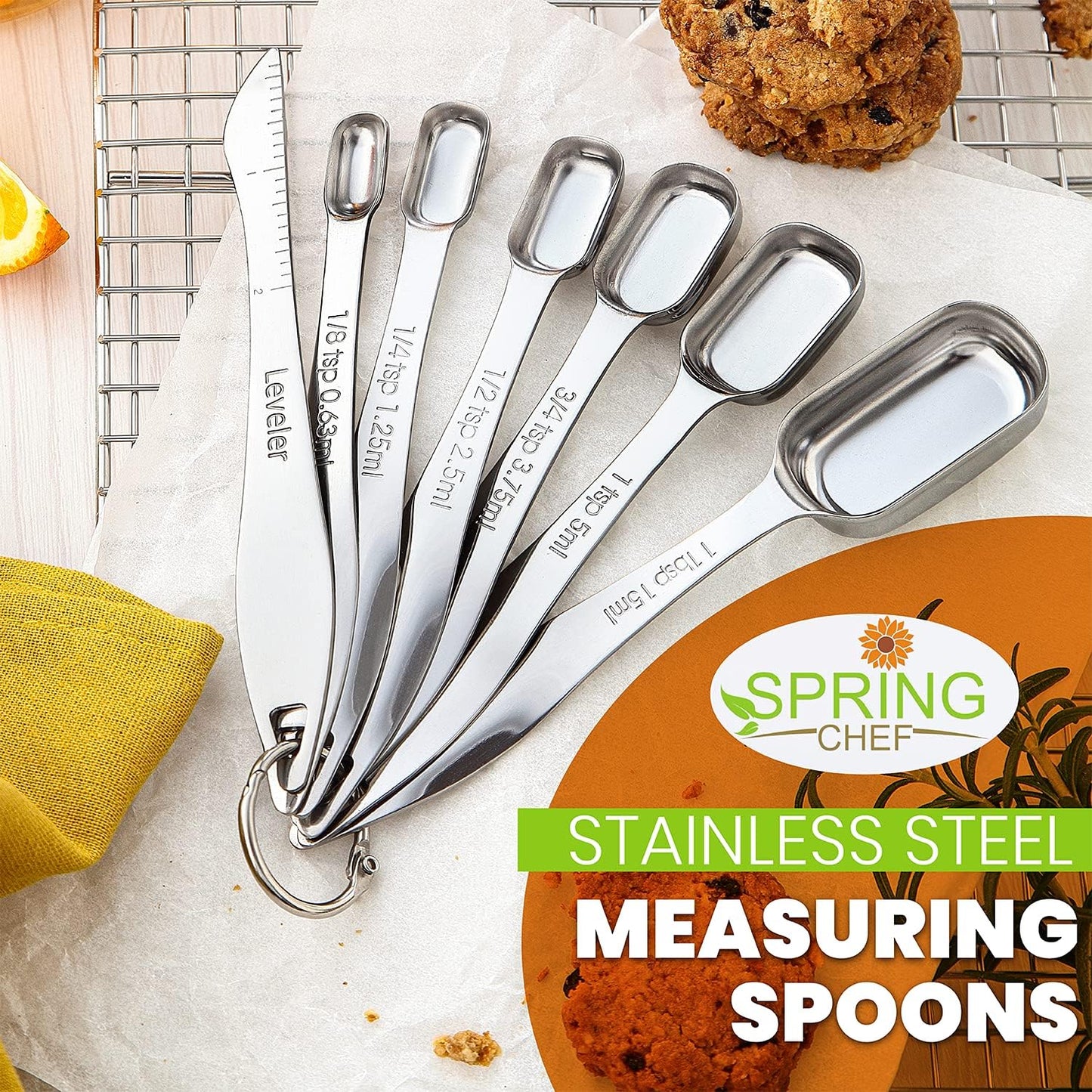Spring Chef Premium Ice Cream Scoop - Black & Stainless Steel Measuring Spoons Set of 7
