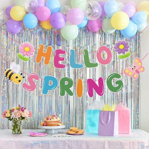 Hello Spring Banner - Colorful Spring Party Decorations with Bee, Butterfly & Flower | No DIY Needed