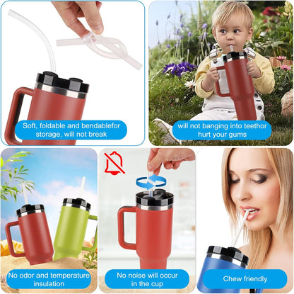 Skiennix Silicone Replacement Straws - 6 Pack for Stanley 20/30/40oz Cups | Reusable Long Straws with Cleaning Brush