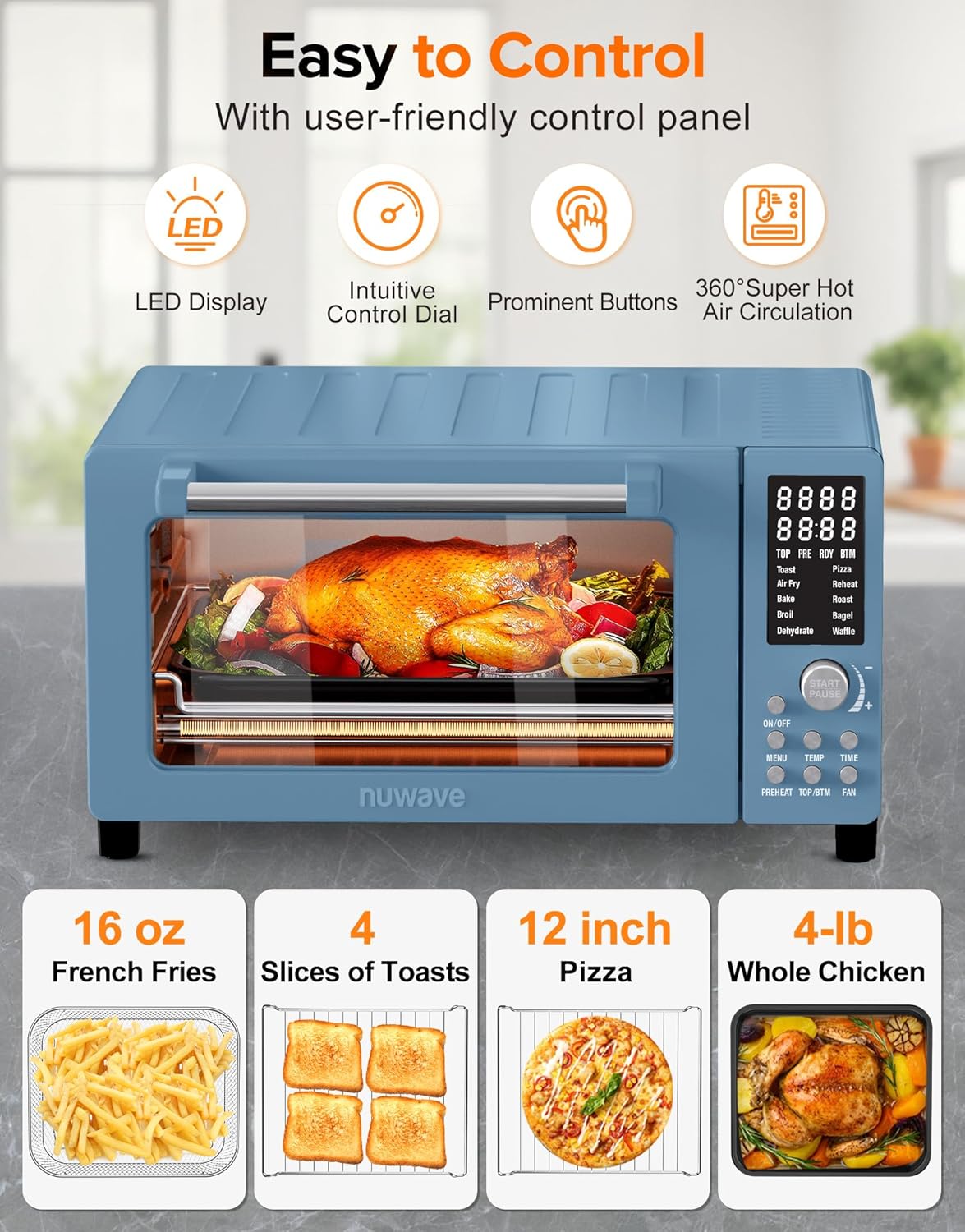 Nuwave Bravo Pro Smart Air Fryer - 10-in-1 Convection Oven with Quicker Crisp Technology | 21QT, Cozy Blue