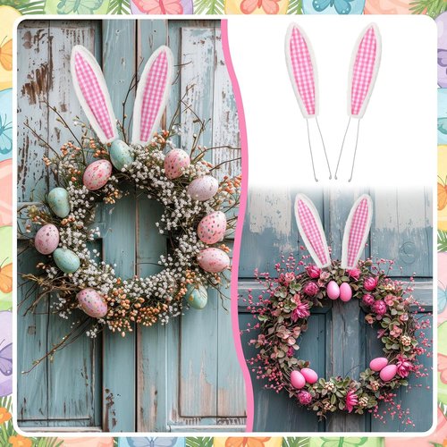 10 Inch Easter Bunny Ears Set with Wire Ties Plush Wreath Decoration Bunny Ears Decoration Accessories Bendable for Easter Wreath Accessories (White，Plaid)