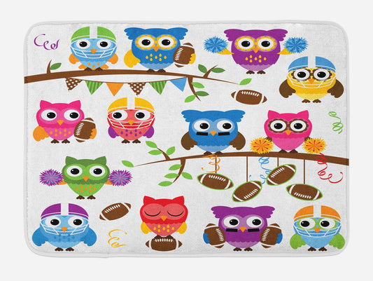 Ambesonne Owls Bath Mat, Sporty Owls Cheerleader League Team Coach Football Themed Animals Cartoon Art Style, Plush Bathroom Decor Mat with Non Slip Backing, 30.2" x 20", Brown Multicolor