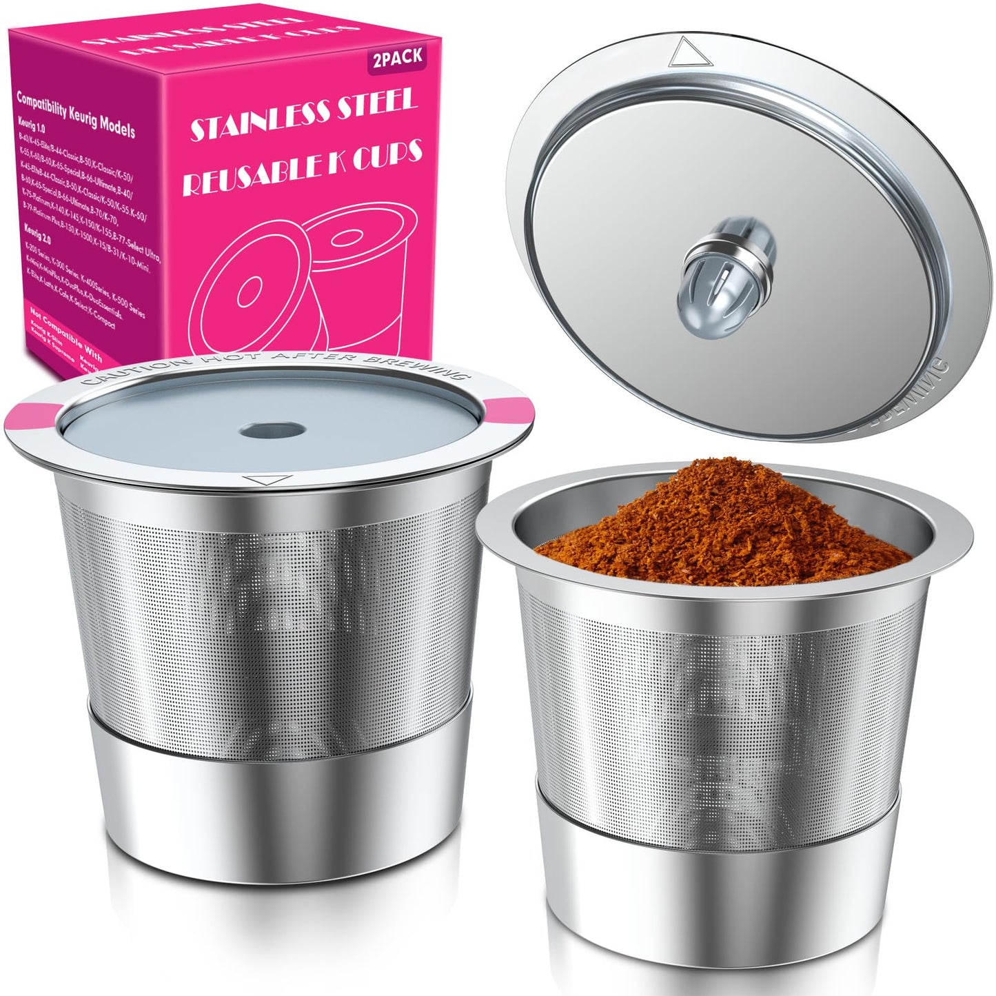 Reusable K Cups for Keurig, Universal Stainless Steel K Cup Reusable Coffee Pods Compatible for Keurig 1.0 & 2.0 Coffee Makers (2 Pack)