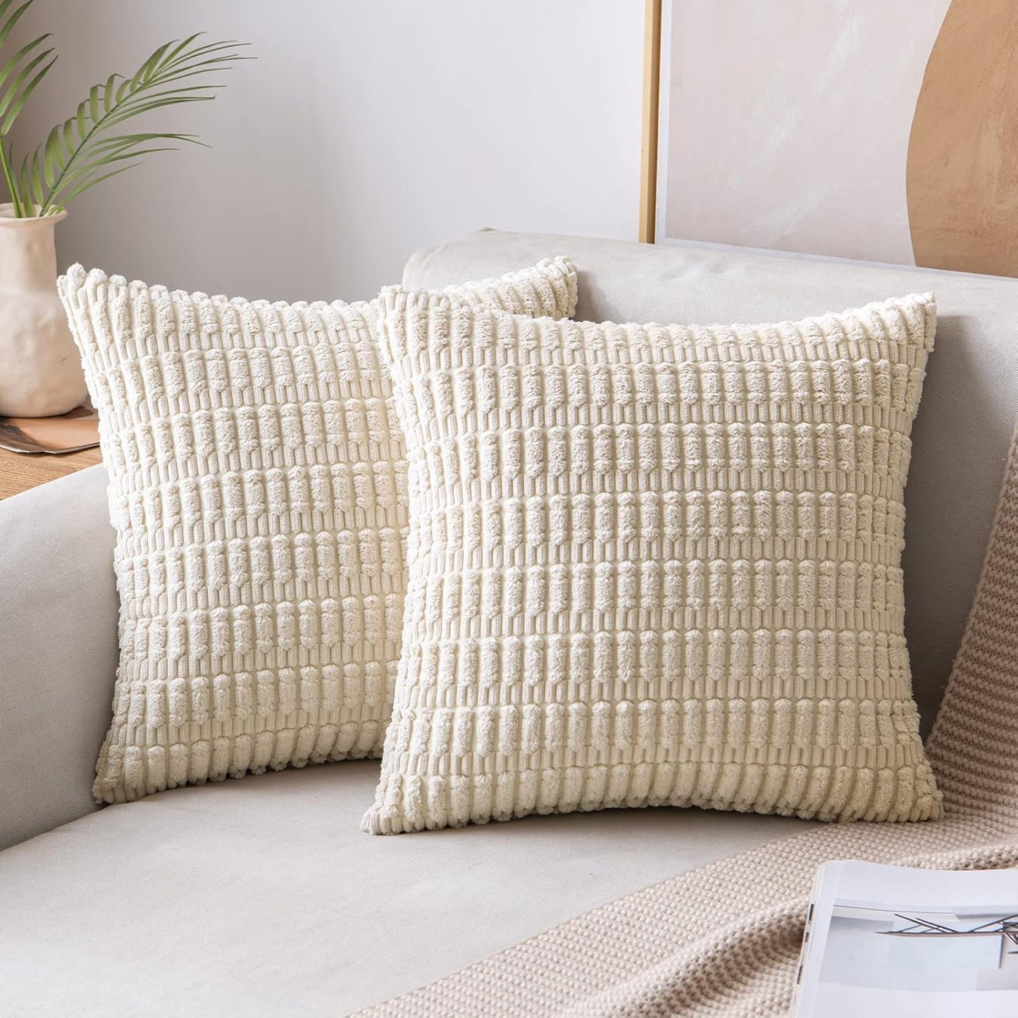 MIULEE Corduroy Decorative Throw Pillow Covers - Soft Chenille, 18x18 Inch, Cream White & Beige (Set of 2)