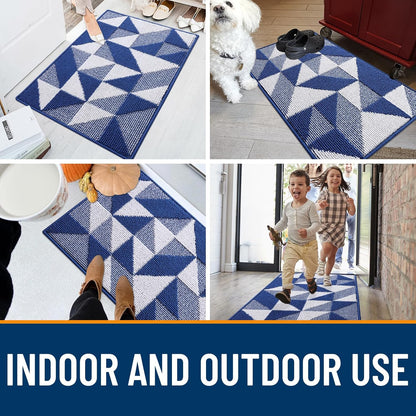 OLANLY Indoor Door Mat - Washable, Odor-Free, Low-Profile Geometric Design | 32x20 Navy Entry Carpet