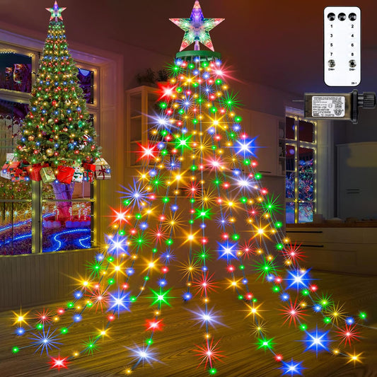 Christmas Tree Lights with Ring for Tree, 400LED Christmas String Lights with Star Topper, 6.6FT x 16 Lines Fairy Lights with 8 Modes Timer Remote for Indoor Outdoor Xmas Tree Decorations, Multicolor