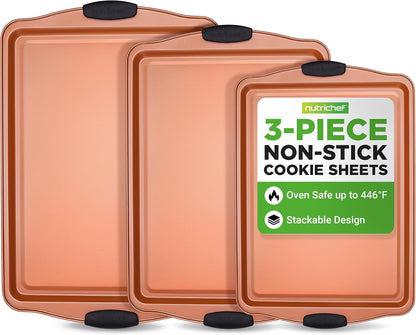NutriChef Nonstick Carbon Steel Cookie Sheets - 3 Piece Bakeware Set with Black Silicone Handles