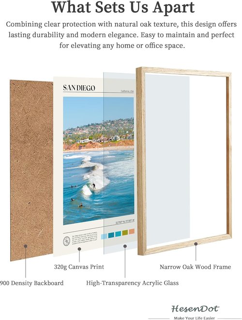 HesenDot Framed Wall Art - Natural Oak Wood Surfing Canvas Print | 12x16in Seascape Decor for Home & Office