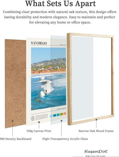 HesenDot Framed Wall Art - Natural Oak Wood Surfing Canvas Print | 12x16in Seascape Decor for Home & Office