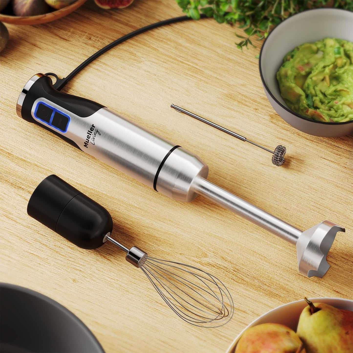 MuellerLiving Ultra-Stick Immersion Hand Blender - 500W Heavy Duty Motor, 8-Speed Turbo, Includes Whisk & Milk Frother
