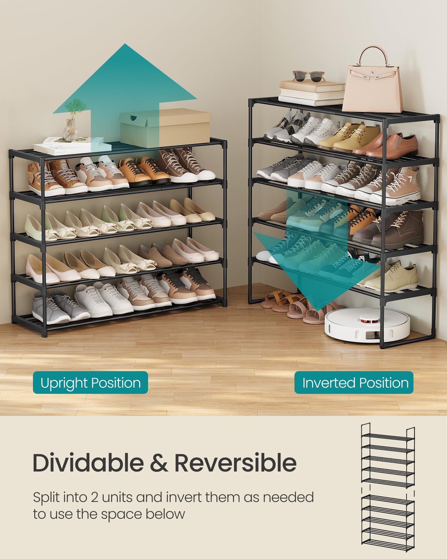 SONGMICS Shoe Rack, 10-Tier Shoe Organizer, Metal Storage Shelf, Upright or Upside Down, for 44-55 Pairs, for Entryway, 11.8 x 36.2 x 68.1 Inches, Black ULSA011B01