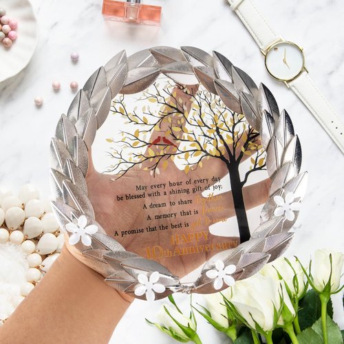 10 Year Tin Anniversary Wedding Gifts Crystal Plate with Gold Leaf Wreath - 10th Anniversary Wedding Gifts for Parents Couple - 10th Wedding Anniversary Unique Gift Ideas - Cardinal Style