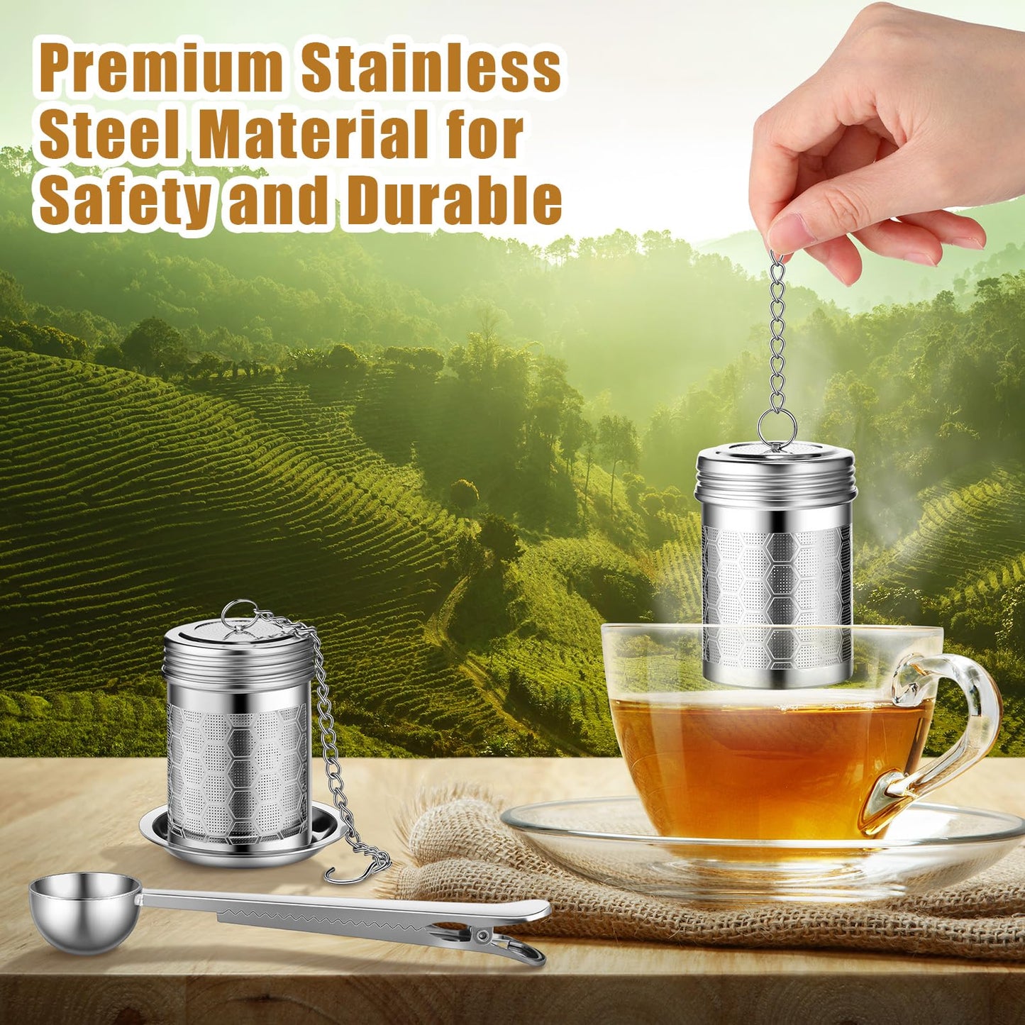 Umigy 4 Pcs Tea Infuser Tea Strainers for Loose Tea with Scoop, Extra Fine Mesh Tea Steeper 304 Stainless Steel Tea Diffuser Tea Leaf Holder with Extended Chain Hook For Brew Tea, Spices, Seasoning