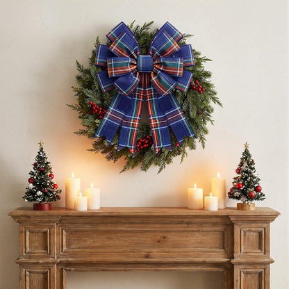 Navy Blue Plaid Wreath Bow, 17.7 x 14.5 in | Large Tartan Burlap Christmas Decor - Variation: Navy Blue