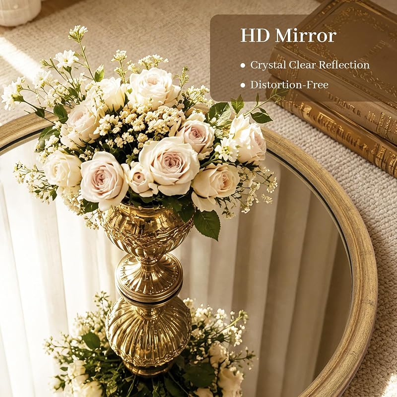 24 Inch Gold Round Wall Mirror with Bamboo Textured Frame - Decorative Vanity Circle Mirror (24"L x 24"W)