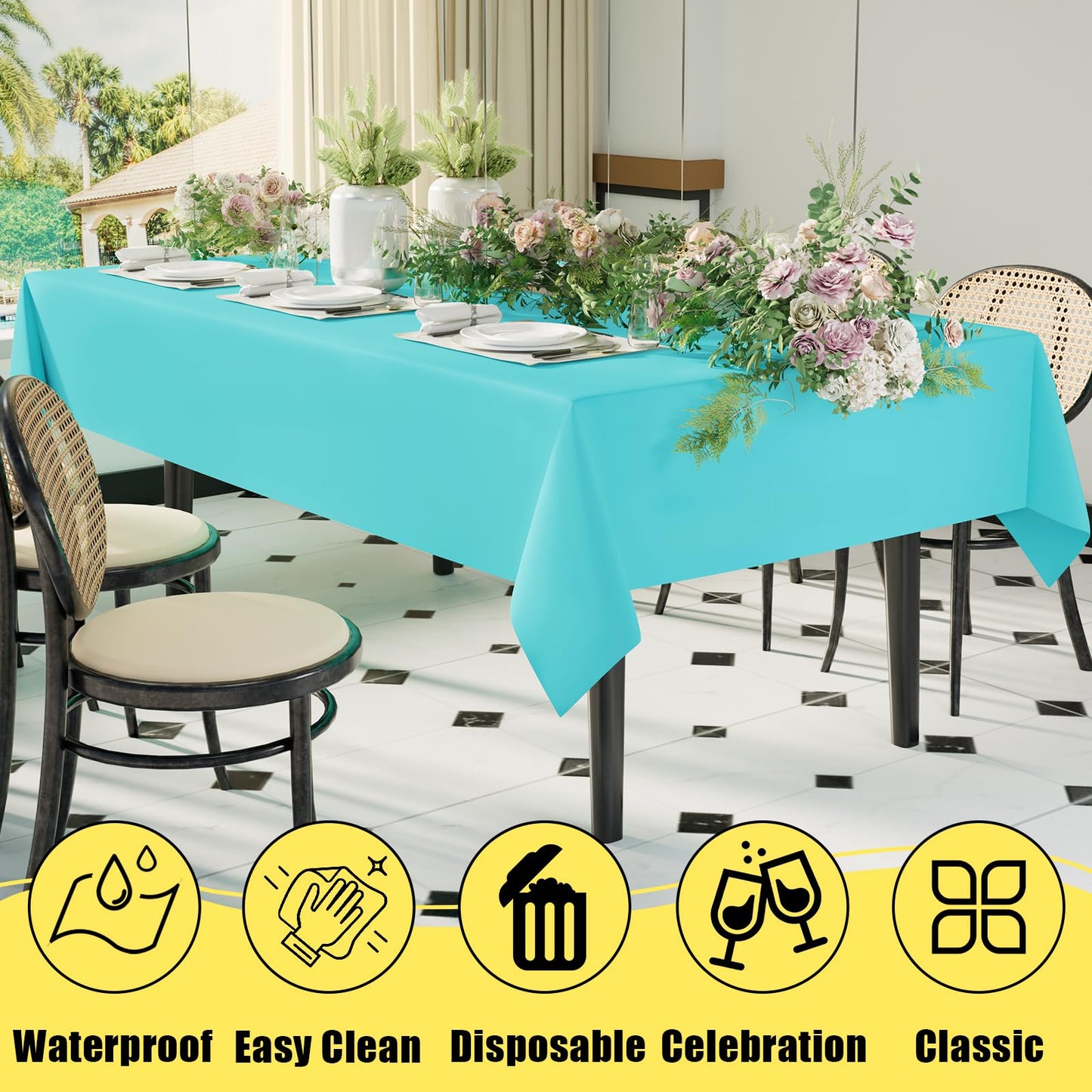 smiry Disposable Table Cloth 6 Pack, 54 x 108 Inch Table Cloths for Parties, Decorative Tablecloths for Rectangle Tables, Waterproof Plastic Table Cover, Leakproof & Sturdy, Teal