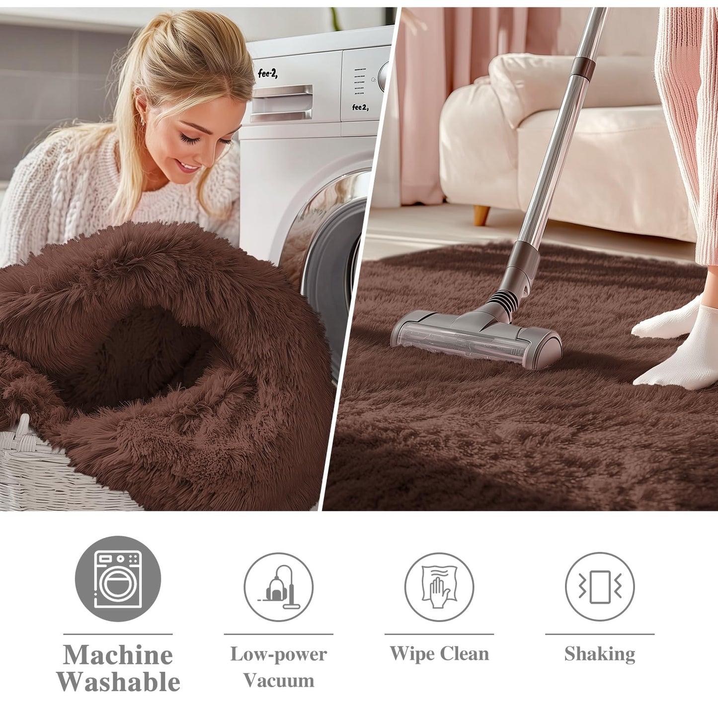 OLANLY Coffee Round Rugs for Bedroom - Machine Washable, 5 ft Circle Area Rugs for Living Room, Soft and Fluffy Shaggy Carpet for Teen Girls and Boys, Nursery Rooms, Dorms, Home Decor Aesthetic