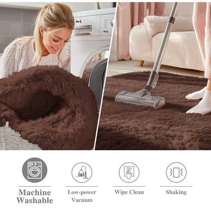 OLANLY Coffee Round Rugs for Bedroom - Machine Washable, 5 ft Circle Area Rugs for Living Room, Soft and Fluffy Shaggy Carpet for Teen Girls and Boys, Nursery Rooms, Dorms, Home Decor Aesthetic