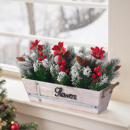 Skiennix Artificial Christmas Centerpiece - Snowy Norfolk Pine Garland with Poinsettias & Berries | Rustic Wood Planter for Holiday Home Decor