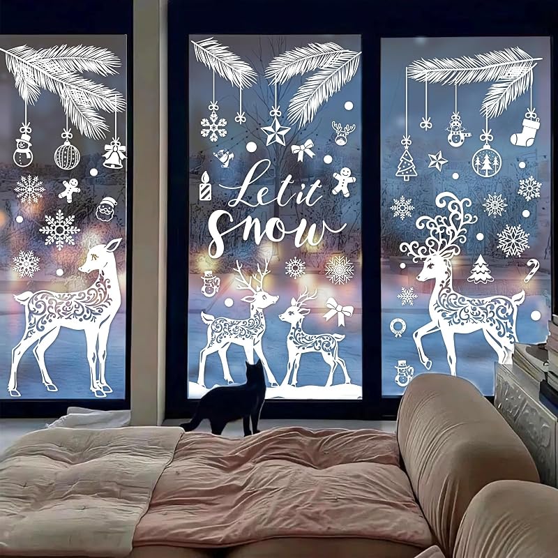 Winter Window Clings 6 Sheets Snowflake Reindeer Pine Decor - Reusable PVC Window Decals