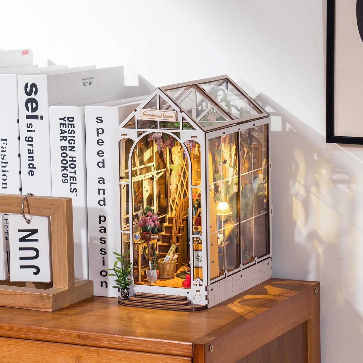 ROBOTIME Book Nook Kit - DIY Miniature House with LED Light | 3D Wooden Puzzle Bookend Decor (Garden House)