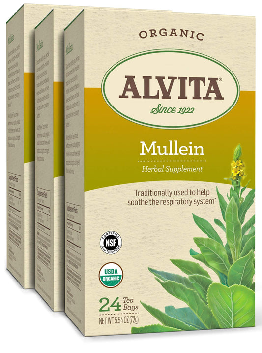 Alvita Organic Mullein Herbal Tea - Made with Premium Quality Organic Mullein Leaves and Flowers, And Slight Astringent Flavor and Aroma, 72 Tea Bags (3 Pack)