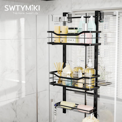 SWTYMIKI Over The Door Shower Caddy - 3 Tier Adjustable Organizer | No Drill Stainless Steel Rack in Black