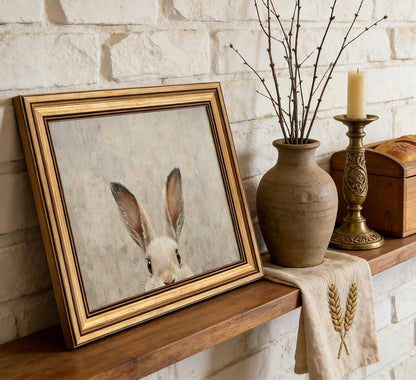 Vintage Gold Framed Bunny Canvas Wall Art - Rustic Rabbit Oil Painting for Living Room & Bedroom | 9x11in