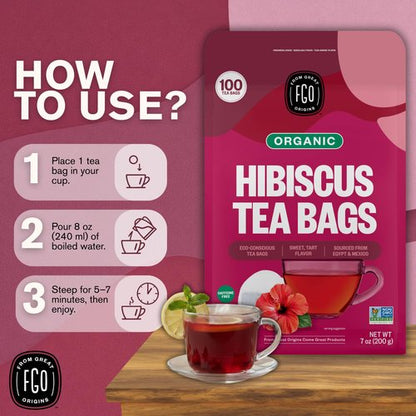 FGO Organic Hibiscus Tea, 100 Count, Eco-Conscious Tea Bags, Caffeine Free, Packaging May Vary (Pack of 1)