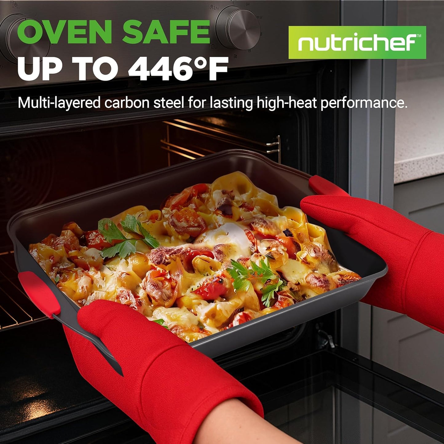 NutriChef Non-Stick Baking Pans Set - Deluxe Commercial Grade Bakeware with Red Silicone Handles | 8 Pieces, Stylish Gray Coating