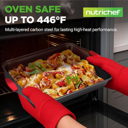 NutriChef Non-Stick Baking Pans Set - Deluxe Commercial Grade Bakeware with Red Silicone Handles | 8 Pieces, Stylish Gray Coating