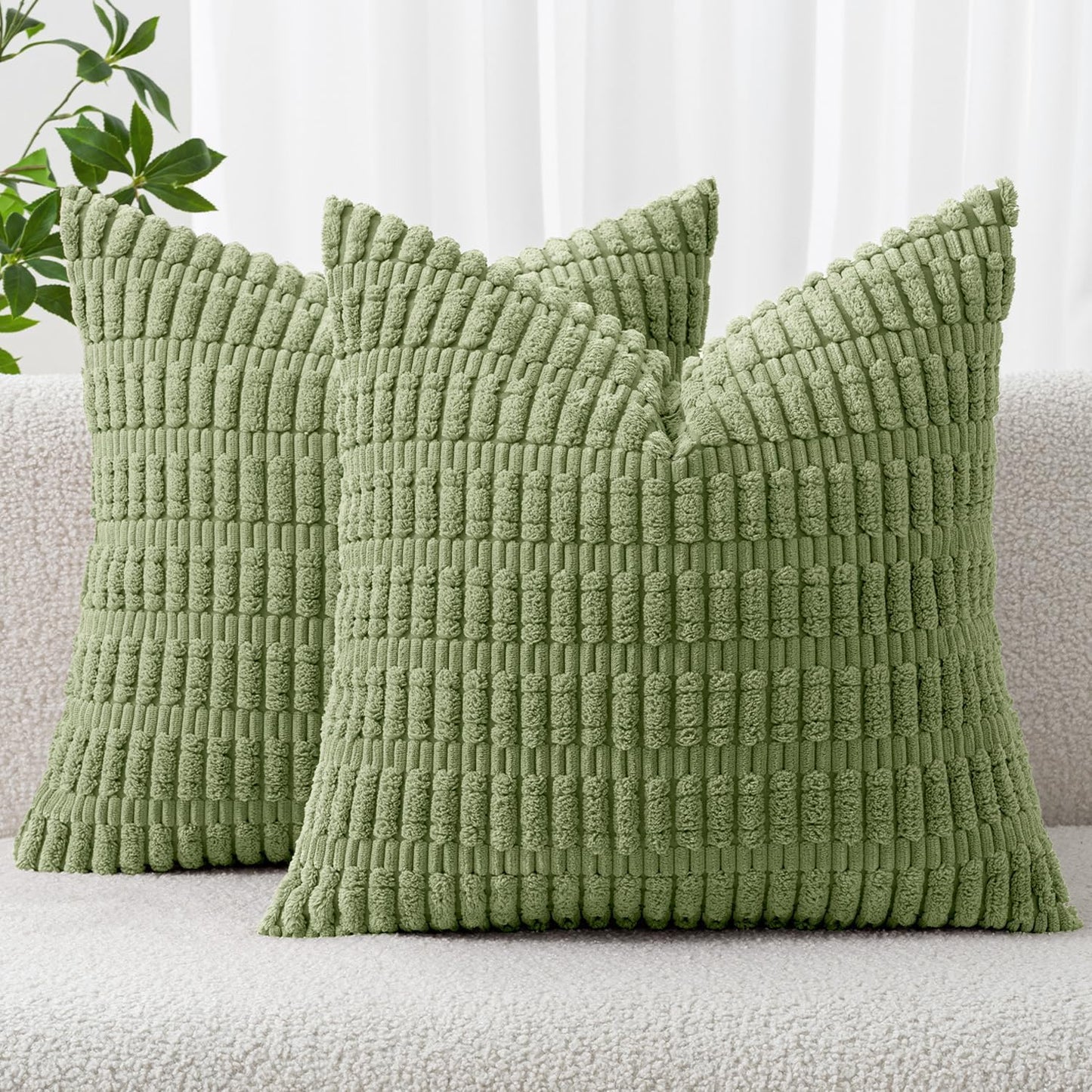 MIULEE Decorative Throw Pillow Covers - Soft Boho Striped Corduroy | Pack of 2, 16x16 Inch, Sage Green