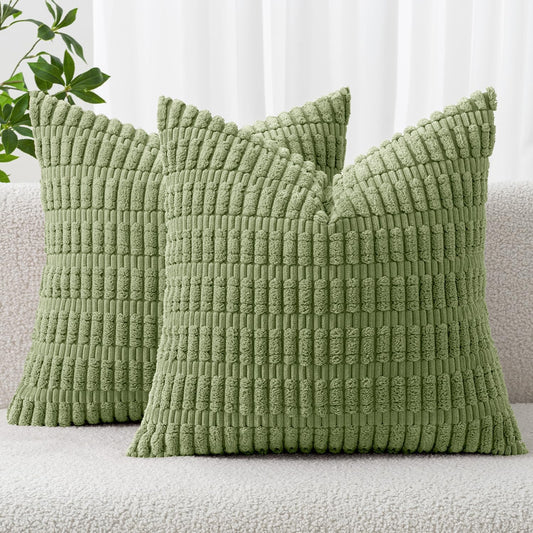 MIULEE Decorative Throw Pillow Covers - Soft Boho Striped Corduroy | Pack of 2, 18x18 Inch, Sage Green