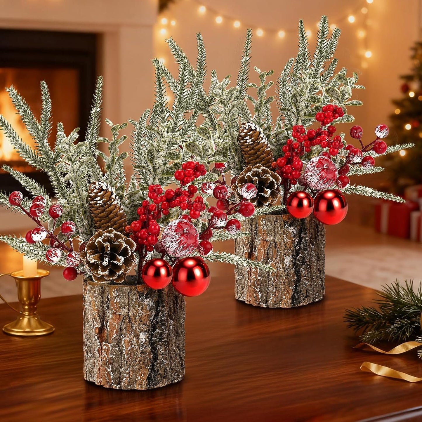 Regine Switzerland Christmas Table Centerpiece - Rustic Pinecones & Red Berries Decor | 2-Piece Set for Coffee Bar, Mantel & Entryway