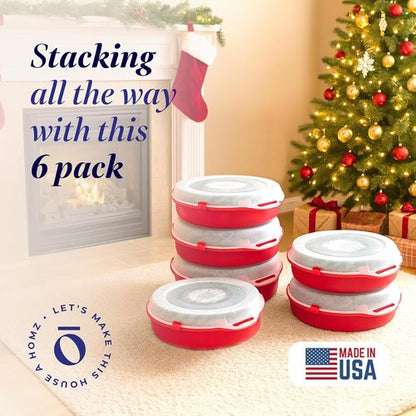 HOMZ 6-Pack Holiday Wreath Storage Organizer - 24 Inch Red & Clear Stackable Containers for Christmas Decor