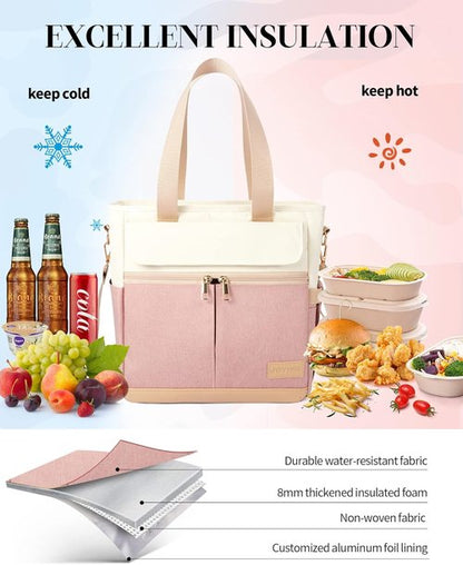 JOYHILL Insulated Lunch Bag - Leakproof Tote with Shoulder Strap | Reusable Cooler for Work, Picnic, Beach (Pink)